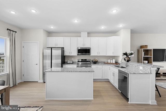 kitchen featuring kitchen peninsula, a kitchen bar, sink, white cabinetry, and stainless steel appliances