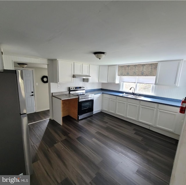 kitchen with white cabinets, dark hardwood / wood-style floors, sink, and stainless steel appliances