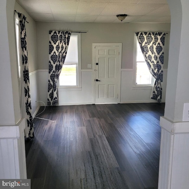 foyer featuring dark wood-type flooring, a healthy amount of sunlight, and a drop ceiling