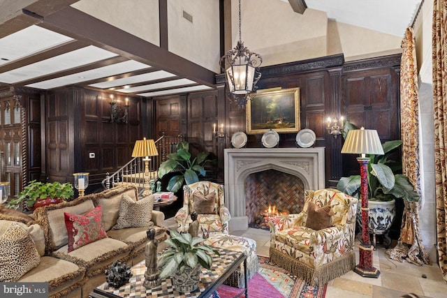 living room featuring beam ceiling