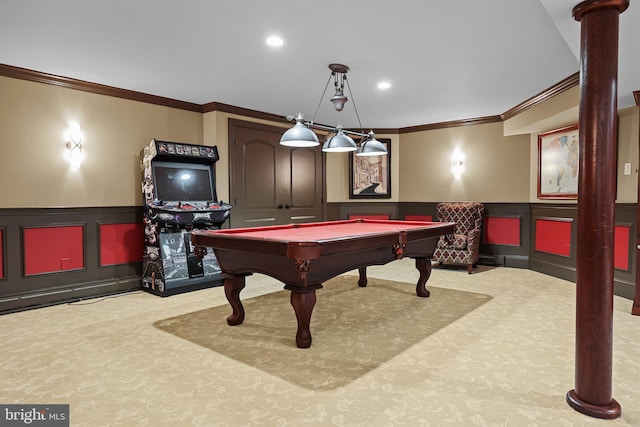 recreation room with ornate columns, crown molding, light colored carpet, and pool table