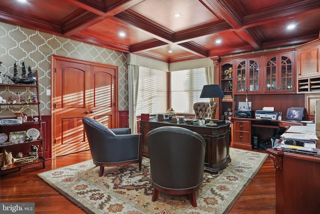 home office with beamed ceiling, dark hardwood / wood-style flooring, and coffered ceiling