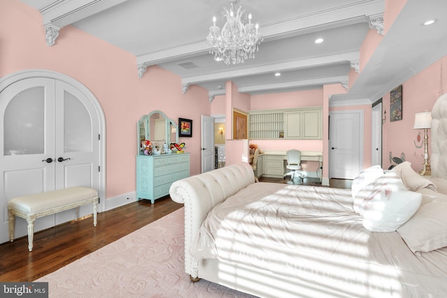 bedroom with a chandelier, beamed ceiling, and dark wood-type flooring