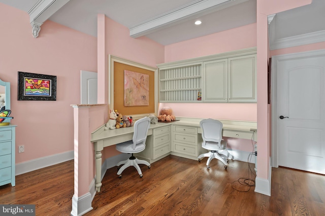 home office featuring beam ceiling and dark wood-type flooring