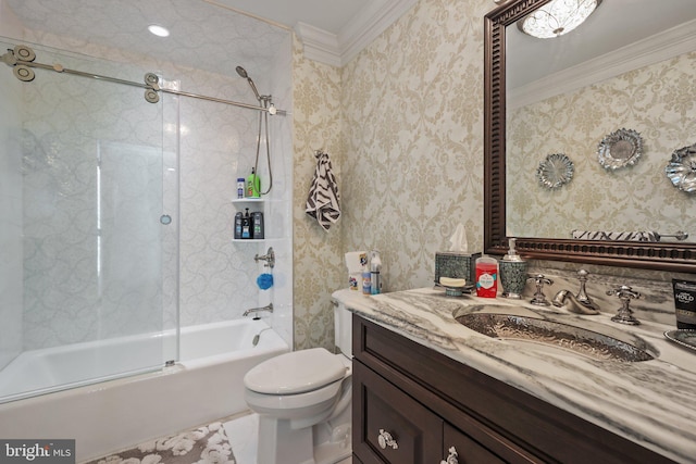 full bathroom with vanity, shower / bath combination with glass door, toilet, and ornamental molding