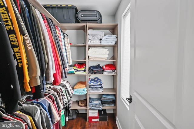 spacious closet with dark wood-type flooring