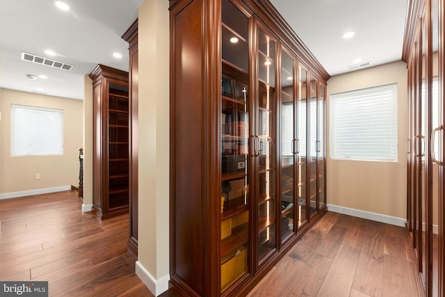 hallway with dark hardwood / wood-style floors and a wealth of natural light