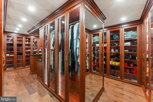 wine area with hardwood / wood-style flooring and ornamental molding