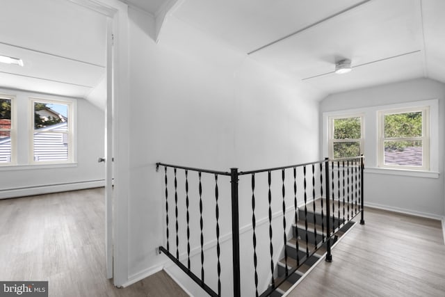 stairs with hardwood / wood-style flooring, vaulted ceiling, and a baseboard radiator