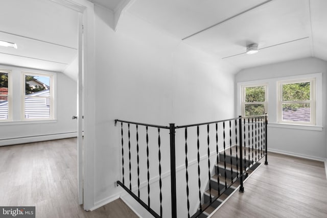 stairway featuring hardwood / wood-style floors, a baseboard radiator, and vaulted ceiling