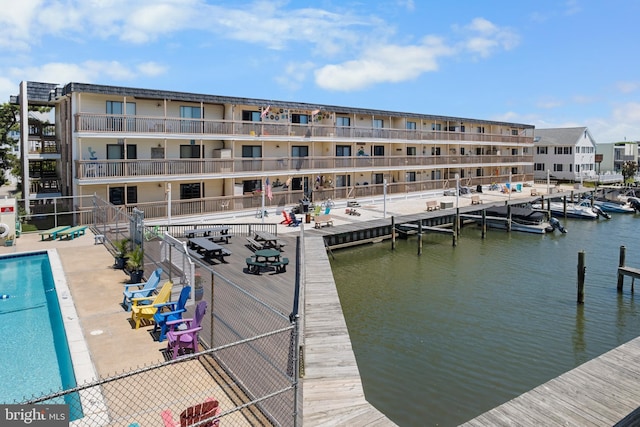 view of dock with a water view