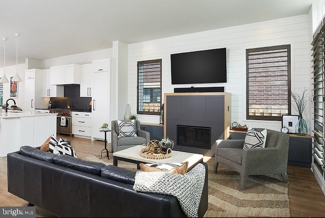 living room with hardwood / wood-style floors, a healthy amount of sunlight, and sink