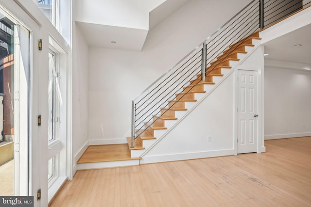 entryway with light hardwood / wood-style flooring, a towering ceiling, and plenty of natural light