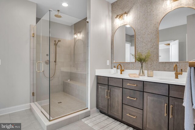 263 Breeches Run Unit 76, Boiling Springs, PA 17007 - full bath with double vanity, a shower stall, baseboards, and tile patterned flooring