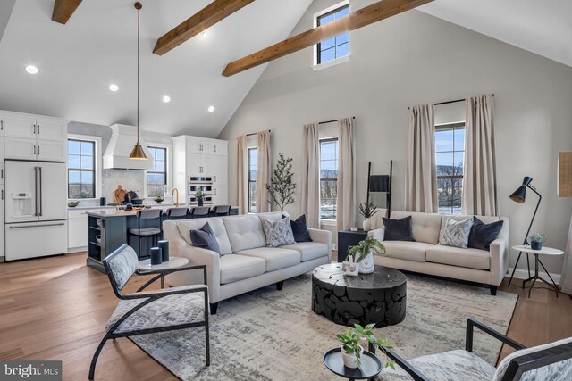 263 Breeches Run Unit 76, Boiling Springs, PA 17007 - living room featuring high vaulted ceiling, beamed ceiling, light wood-type flooring, and recessed lighting