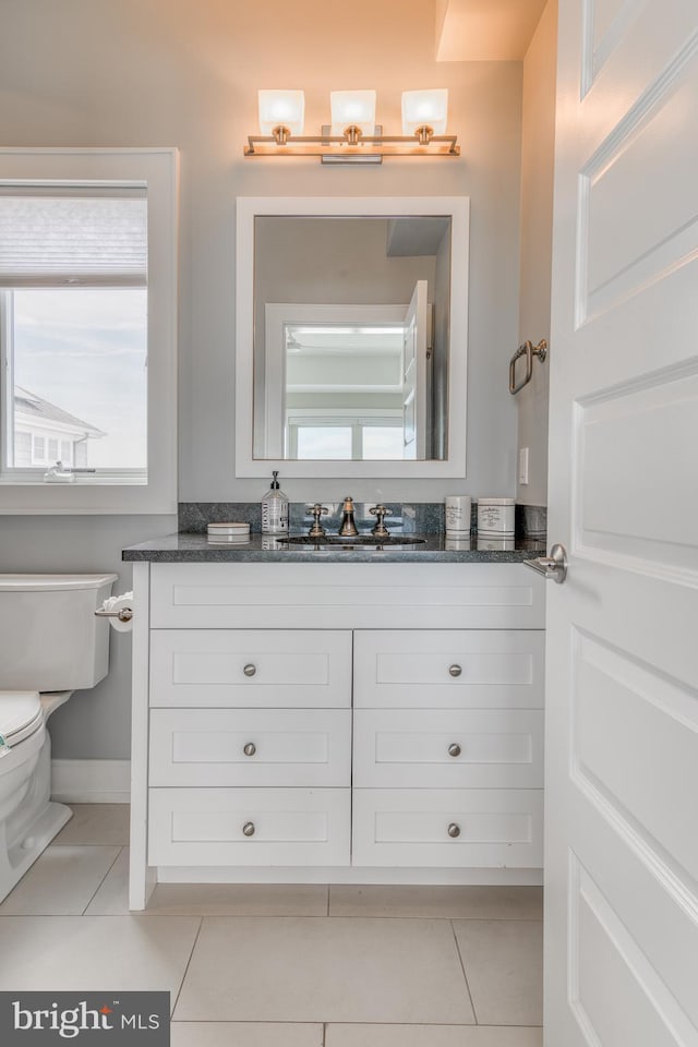 bathroom featuring tile patterned floors, vanity, and toilet