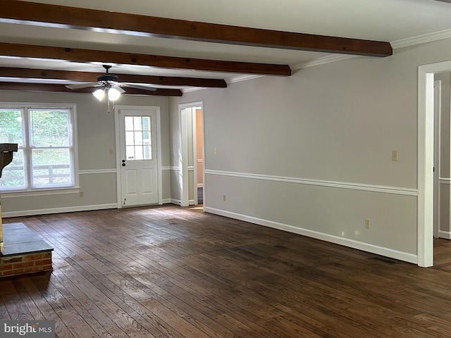 unfurnished room featuring beamed ceiling, crown molding, dark hardwood / wood-style flooring, and ceiling fan