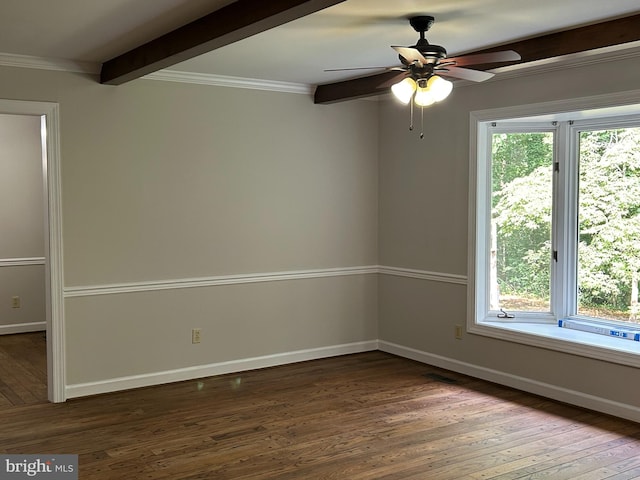 spare room featuring beamed ceiling, ornamental molding, hardwood / wood-style floors, and ceiling fan