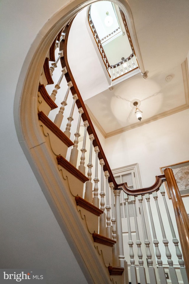 stairway featuring crown molding