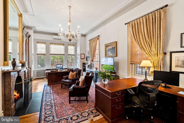 office area with crown molding, dark hardwood / wood-style floors, a wall mounted AC, and a notable chandelier