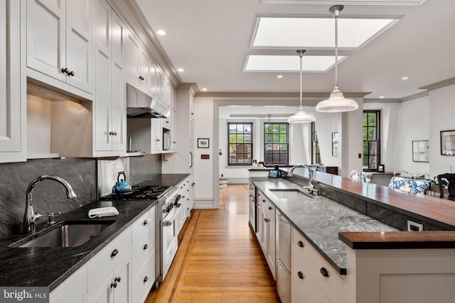 kitchen with stainless steel appliances, sink, exhaust hood, and pendant lighting