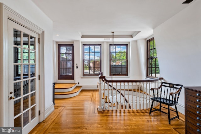 sitting room featuring light wood-type flooring and a raised ceiling