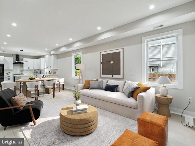 unfurnished living room with light wood-type flooring, electric panel, and sink