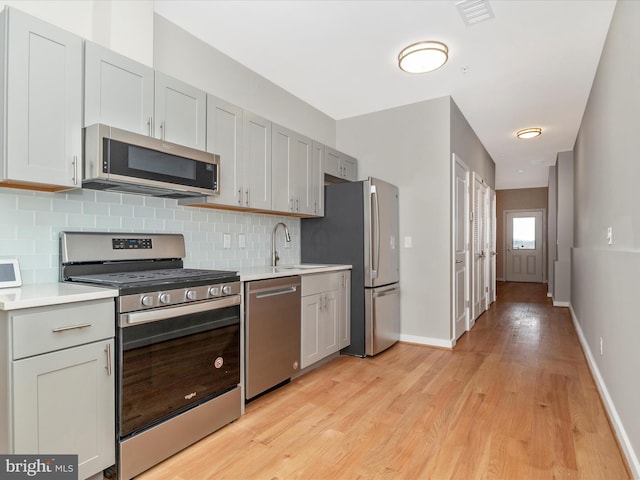 kitchen with decorative backsplash, sink, light wood-type flooring, and appliances with stainless steel finishes