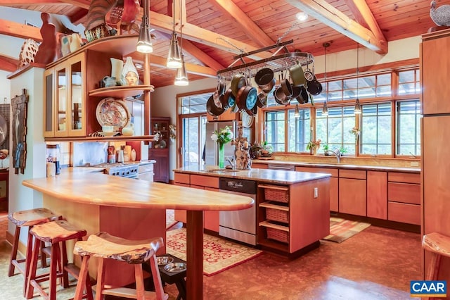 kitchen with wooden ceiling, dishwasher, lofted ceiling with beams, and open shelves