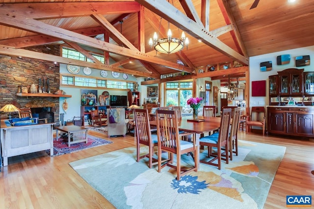 dining area featuring wooden ceiling, an inviting chandelier, wood finished floors, and a stone fireplace