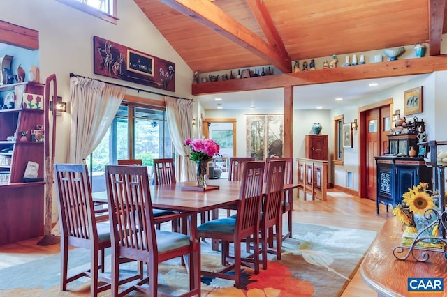 dining room featuring wood ceiling, high vaulted ceiling, beamed ceiling, and wood finished floors