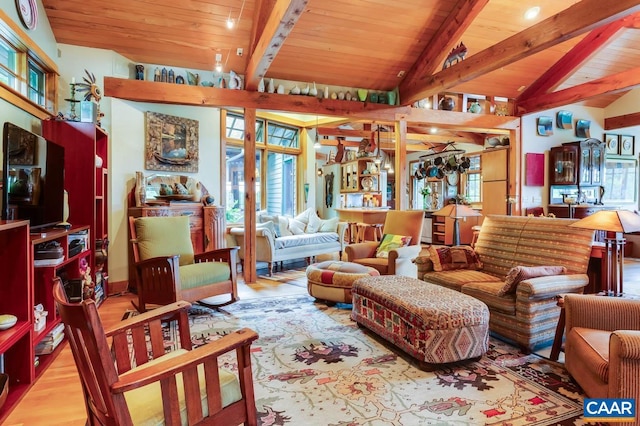 sitting room with lofted ceiling with beams, wooden ceiling, and wood finished floors