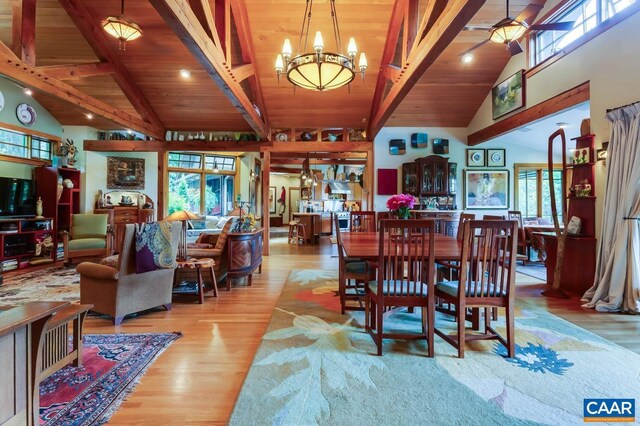 dining area with wooden ceiling, beamed ceiling, and wood finished floors