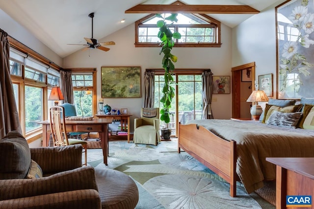 bedroom featuring high vaulted ceiling, access to outside, and multiple windows