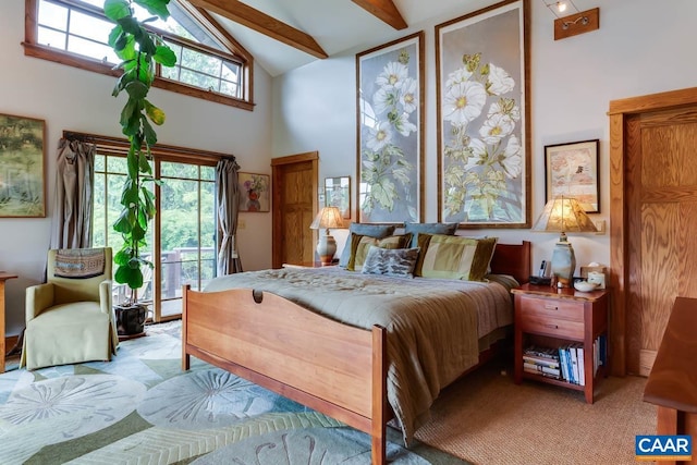 carpeted bedroom featuring access to exterior, beamed ceiling, and high vaulted ceiling