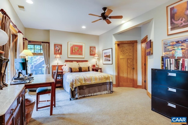 bedroom with visible vents, baseboards, ceiling fan, carpet floors, and recessed lighting