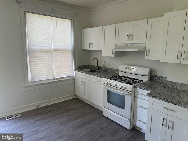 kitchen with white cabinetry, sink, dark hardwood / wood-style flooring, and white range with gas stovetop