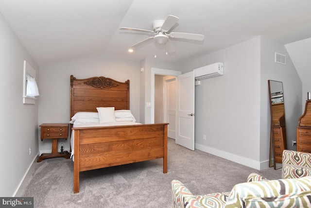 carpeted bedroom with ceiling fan, a wall unit AC, and vaulted ceiling