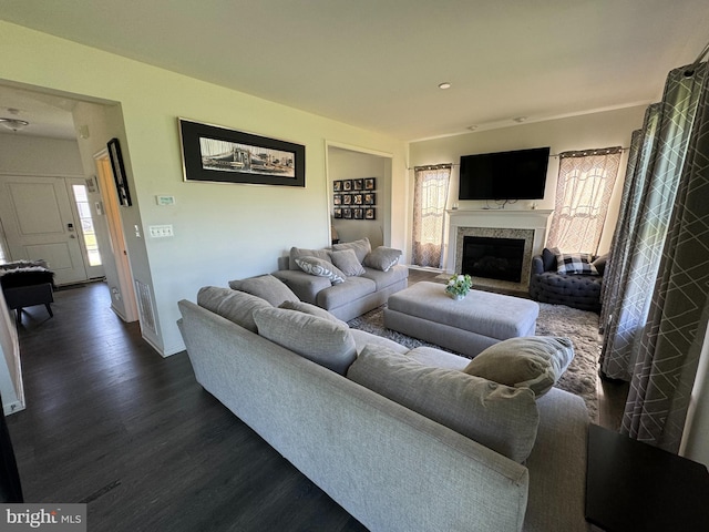 living room featuring a wealth of natural light and dark hardwood / wood-style flooring