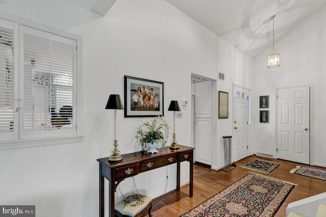 entrance foyer featuring hardwood / wood-style floors and high vaulted ceiling