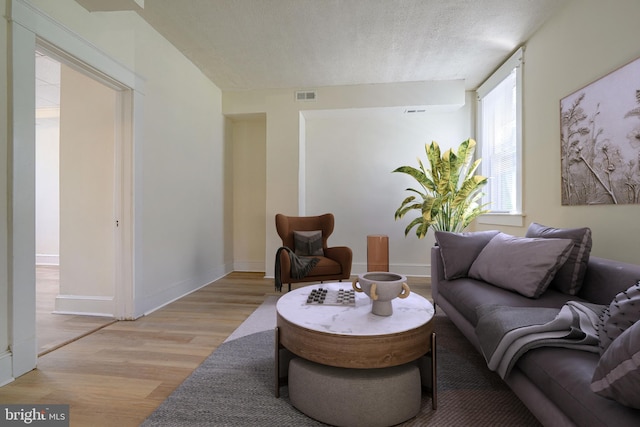 living room with light hardwood / wood-style flooring and a textured ceiling