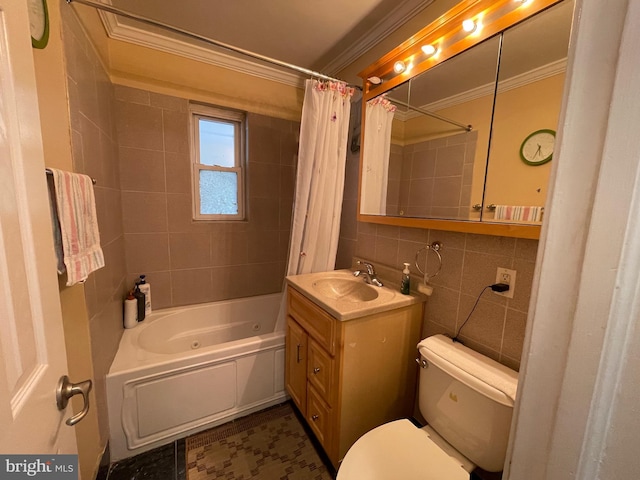 full bathroom featuring shower / tub combo, vanity, tile walls, and crown molding