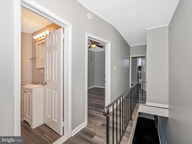 corridor with a textured ceiling and dark hardwood / wood-style floors