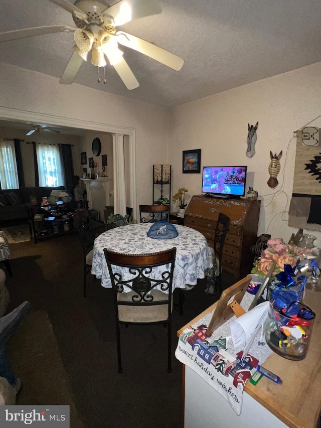 dining space with ceiling fan and a textured ceiling