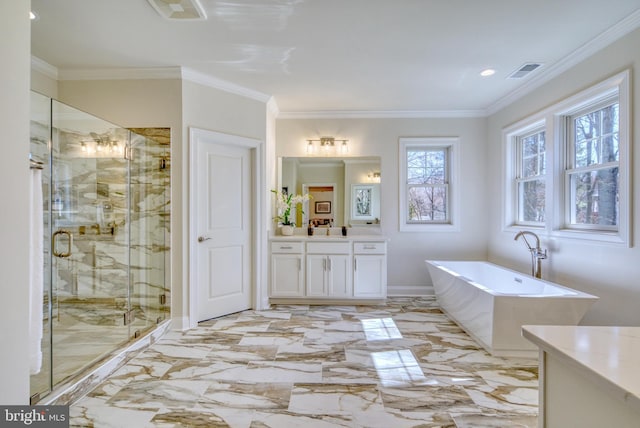 bathroom featuring crown molding, vanity, and independent shower and bath