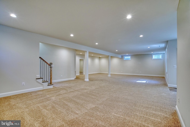 basement with light carpet