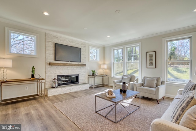 living room with a fireplace, hardwood / wood-style flooring, plenty of natural light, and ornamental molding