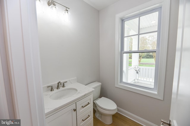 bathroom with hardwood / wood-style floors, vanity, and toilet