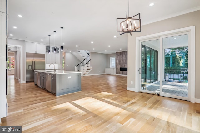 kitchen with a premium fireplace, a sink, appliances with stainless steel finishes, light wood finished floors, and crown molding