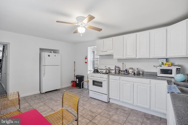 kitchen featuring white cabinets, white appliances, ceiling fan, and light tile patterned flooring